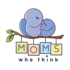 Two birds sitting on twig with text "moms who think" below