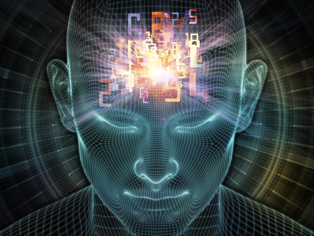 Outline of human in blue with rainbow colored numbers coming from third-eye area