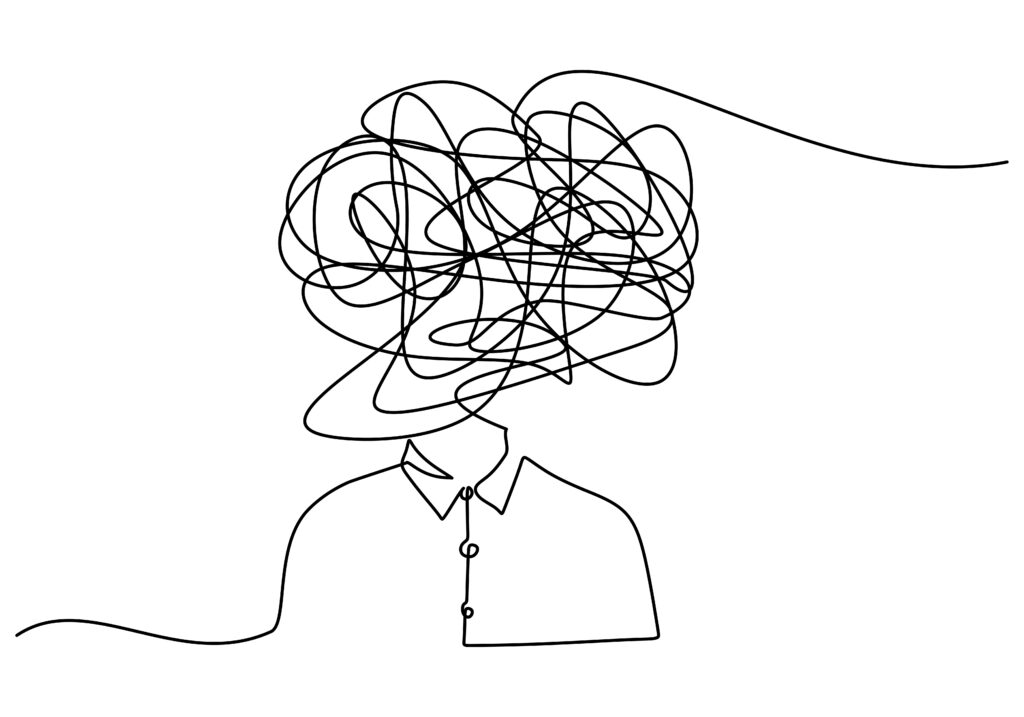 line drawing of person wearing a button-down shirt with collar and scrambled lines where the head would be.